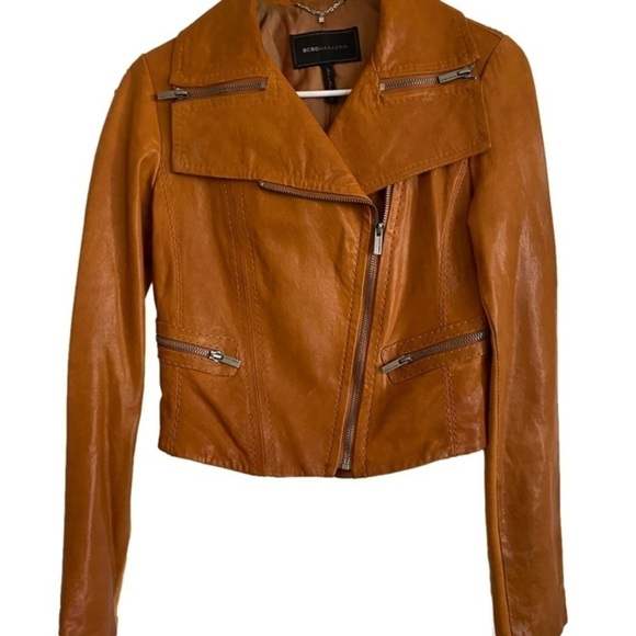 BCBG Max Azria Genuine Leather Moto Jacket Pumkin Tan Cropped Biker Zip - Picture 1 of 7